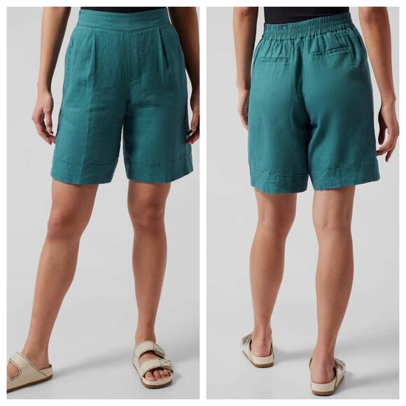 Athleta Playa Linen Bermuda Shorts in Borealis Teal Blue New Sz 6 Elastic Waist - Picture 1 of 8